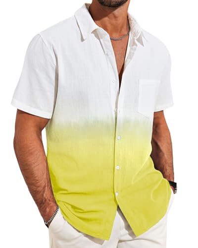 Beotyshow Herren Gradient Leinenhemden Casual Button Down Kurzarm T-Shirts Männer Strand Sommerhemden mit Tasche, Gelb, XL von Beotyshow