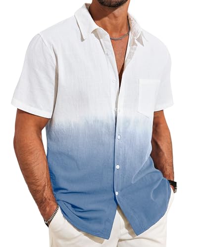 Beotyshow Herren Gradient Leinenhemden Casual Button Down Kurzarm T-Shirts Männer Strand Sommerhemden mit Tasche, Navy Blau, M von Beotyshow