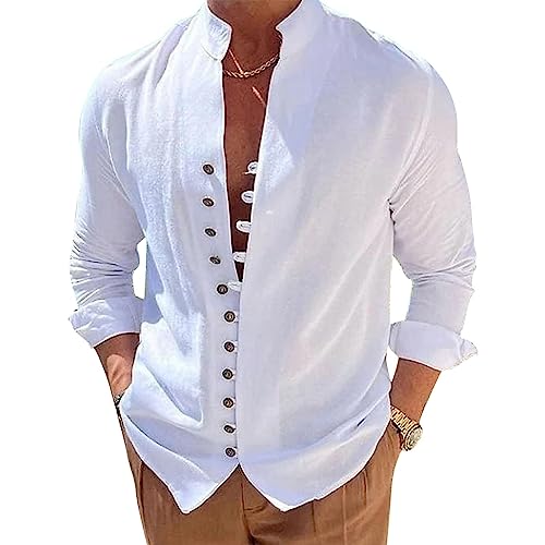 Beotyshow Herren Hemd mit Knopfleiste, langärmelig, Leinen, lockere Passform, Retro-Band-Kragen, Henley-Shirt, Weiss/opulenter Garten, XX-Large von Beotyshow