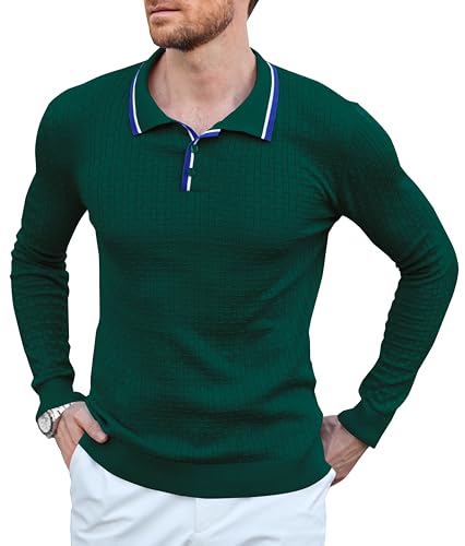 Beotyshow Herren Strick-Polohemden Langarm Pullover Polo Leichte Mode Lässig Kragen Gestreift Golf T Shirts, Grün-602, L von Beotyshow