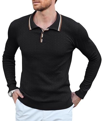 Beotyshow Herren Strick-Polohemden Langarm Pullover Polo Leichte Mode Lässig Kragen Gestreift Golf T Shirts, Schwarz-602, XX-Large von Beotyshow