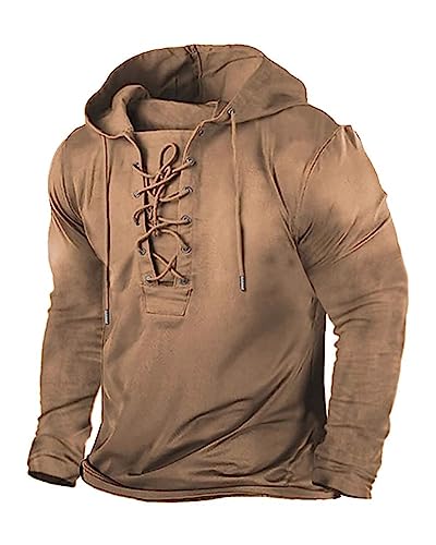Beotyshow Herren Vintage Hoodie Langarm Shirt Männer Lace Up Hooded Langarmhemd Distressed Casual Outdoor Taktisch Pullover Hemd mit Kapuze 1-Braun 1L von Beotyshow