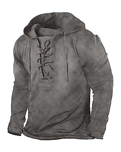 Beotyshow Herren Vintage Hoodie Langarm Shirt Männer Lace Up Hooded Langarmhemd Distressed Casual Outdoor Taktisch Pullover Hemd mit Kapuze 1-Grau L von Beotyshow