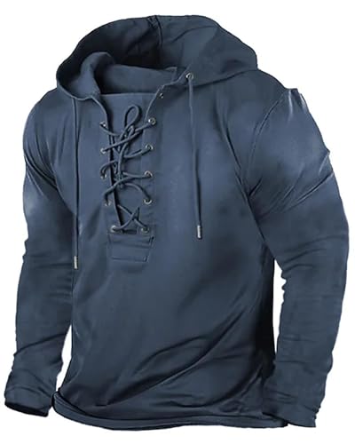 Beotyshow Herren Vintage Hoodie Langarm Shirt Männer Lace Up Hooded Langarmhemd Distressed Casual Outdoor Taktisch Pullover Hemd mit Kapuze 1-Navy Blau M von Beotyshow