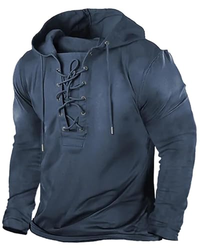 Beotyshow Herren Vintage Hoodie Langarm Shirt Männer Lace Up Hooded Langarmhemd Distressed Casual Outdoor Taktisch Pullover Hemd mit Kapuze von Beotyshow