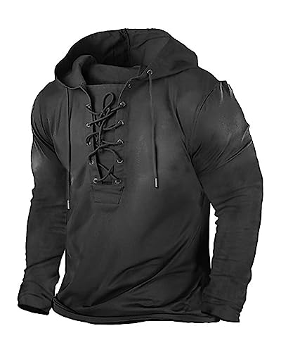 Beotyshow Herren Vintage Hoodie Langarm Shirt Männer Lace Up Hooded Langarmhemd Distressed Casual Outdoor Taktisch Pullover Hemd mit Kapuze 1-Schwarz M von Beotyshow