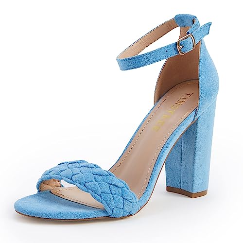 Beotyshow Riemchen Heels für Frauen Offene Zehe,Damen Boho Weave Chunky High Heel Sandalen Offene Zehe Knöchelriemen Hochzeit Braut Prom Kleid Schuhe Für Frauen Braut Brautjungfer Dunkel Blau-02,40 von Beotyshow