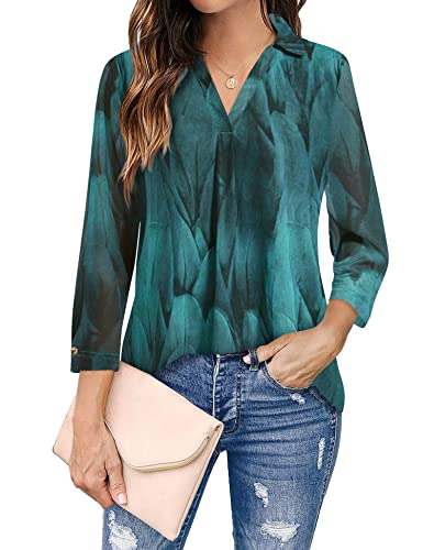 Beotyshow Womens Collared V Neck 3/4 Sleeve Tops Floral Tunic Blouse Shirts Green L von Beotyshow