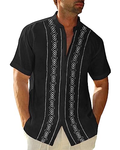 Cuban Guayabera Shirts für Herren Kurz/Langarm Casual Button Down Hemd Band Kragen Strand Camp Mexikanisches Hemd, 1-schwarz, XX-Large von Beotyshow