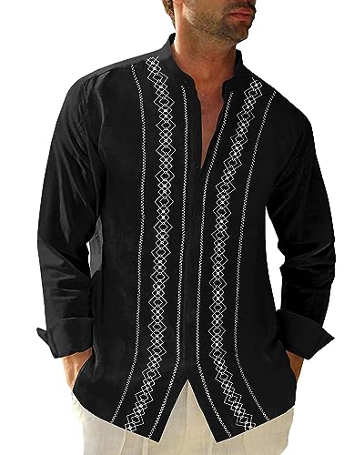 Cuban Guayabera Shirts für Herren Kurz/Langarm Casual Button Down Hemd Band Kragen Strand Camp Mexikanisches Hemd, 2-Schwarz, XL von Beotyshow