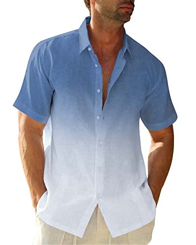 Hemd Herren Gradient Leinenhemden Casual Kurzarm T-Shirts Button Down Strandhemd Sommerhemden Freizeithemd für Männer Urlaub von Beotyshow