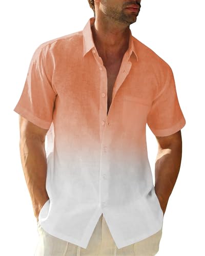 Hemd Herren Gradient Leinenhemden Casual Kurzarm T-Shirts Button Down Strandhemd Sommerhemden Freizeithemd für Männer Urlaub von Beotyshow