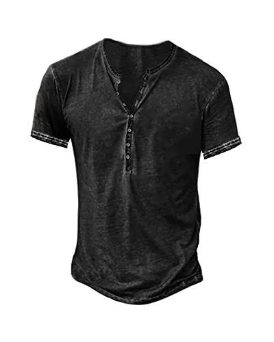 Hemd Herren Kurzarm Henley Shirt Männer Freizeithemd Vintage Casual Leicht Baumwolle Slim Fit T-Shirt von Beotyshow