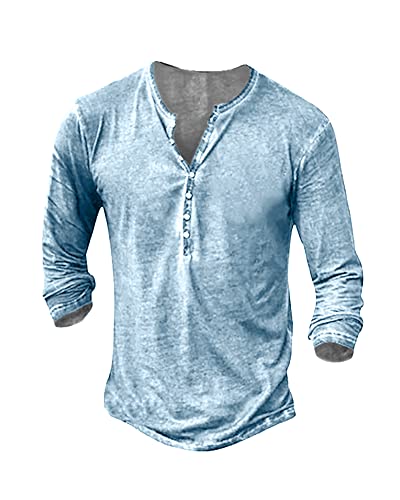 Beotyshow Hemd Herren Langarm Henley Shirt Männer Freizeithemd Vintage Casual Leicht Baumwolle Slim Fit T-Shirt Azurblau S von Beotyshow