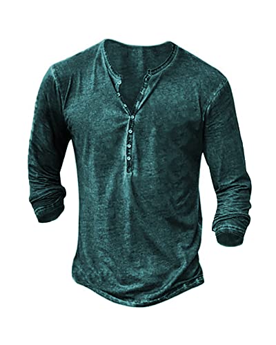 Beotyshow Hemd Herren Langarm Henley Shirt Männer Freizeithemd Vintage Casual Leicht Baumwolle Slim Fit T-Shirt Dunkel Grün M von Beotyshow
