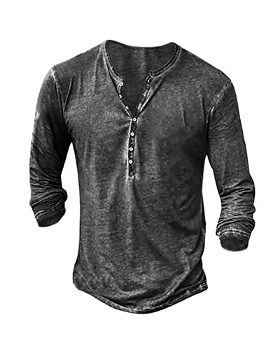 Beotyshow Hemd Herren Langarm Henley Shirt Männer Freizeithemd Vintage Casual Leicht Baumwolle Slim Fit T-Shirt Grau 3XL von Beotyshow