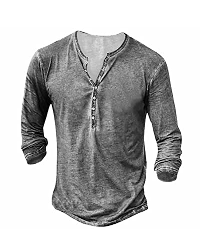 Beotyshow Hemd Herren Langarm Henley Shirt Männer Freizeithemd Vintage Casual Leicht Baumwolle Slim Fit T-Shirt Hellgrau 3XL von Beotyshow