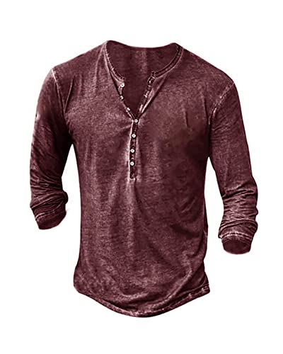 Hemd Herren Langarmshirt Henley Shirt Männer Freizeithemd Vintage Casual Leicht Baumwolle Slim Fit T-Shirt Burgund XXL von Beotyshow