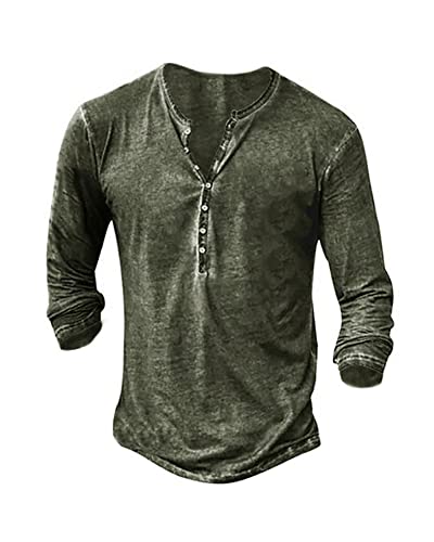 Hemd Herren Langarmshirt Henley Shirt Männer Freizeithemd Vintage Casual Leicht Baumwolle Slim Fit T-Shirt Grün von Beotyshow