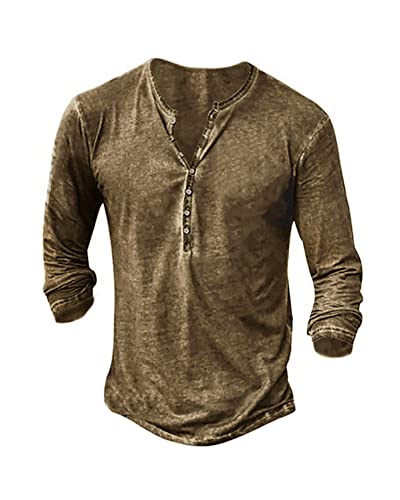 Beotyshow Hemd Herren Langarm Henley Shirt Männer Freizeithemd Vintage Casual Leicht Baumwolle Slim Fit T-Shirt Kamel XXL von Beotyshow