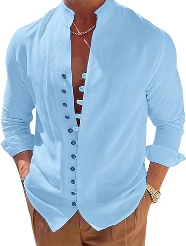 Hemd Herren Langarmshirt Vintage Männer Casual Button Down T-Shirts Baumwoll Sommer Strandhemd mit Stehkragen von Beotyshow