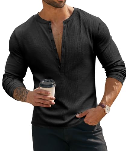 Henley-Shirts für Herren, langärmelig, Waffelmuster, lässig, V-Ausschnitt, Knopfleiste, grau dunkel, Mittel von Beotyshow