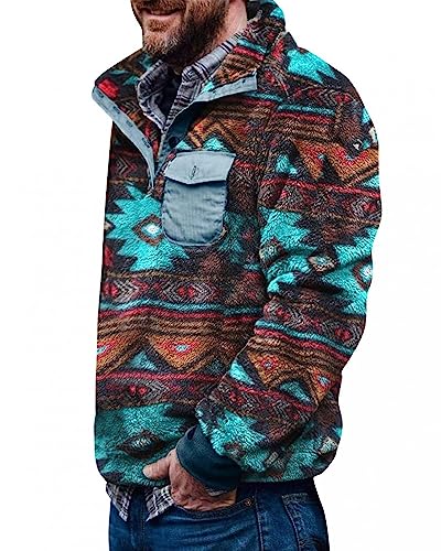 Herren Aztec Fleece Pullover Fuzzy Sherpa Fleecejacke Button down Sweatshirt Warm Vintage Sweatpullover mit Tasche für Männer, Blau, L von Beotyshow