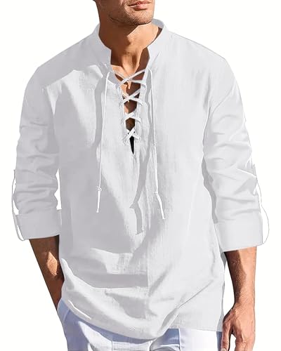 Herren Baumwoll-Leinen-Hemden zum Schnüren, kurz/langärmelig, Henley-Piratenhemd, lässig, V-Ausschnitt, für Strand, Renaissance, Wikinger, Hippie, 1-weiß, XL von Beotyshow