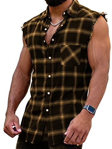 Herren Checkshirt Sleeveless Hemd Kariert Ärmellose Hemden Regular fit Flanellhemd Männer Sommer Baumwollhemd T-Shirt Tank Tops Freizeithemd von Beotyshow