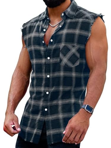 Herren Checkshirt Sleeveless Hemd Kariert Ärmellose Hemden Regular fit Flanellhemd Männer Sommer Baumwollhemd T-Shirt Tank Tops Freizeithemd von Beotyshow