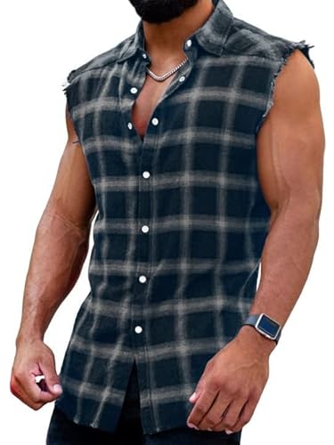 Herren Checkshirt Sleeveless Hemd Kariert Ärmellose Hemden Regular fit Flanellhemd Männer Sommer Baumwollhemd T-Shirt Tank Tops Freizeithemd von Beotyshow