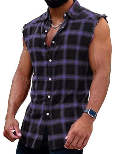 Herren Checkshirt Sleeveless Hemd Kariert Ärmellose Hemden Regular fit Flanellhemd Männer Sommer Baumwollhemd T-Shirt Tank Tops Freizeithemd von Beotyshow