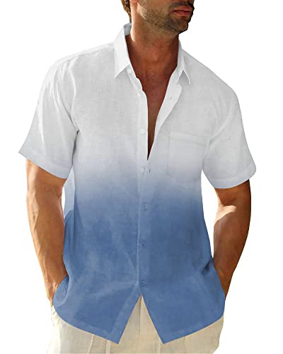Herren Gradient Leinen Hemden Casual Button Down Kurzarm Strand Sommer Shirts, 1: Marine, XL von Beotyshow
