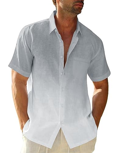 Herren Gradient Leinen Hemden Casual Button Down Kurzarm Strand Sommer Shirts, GRAU, XL von Beotyshow