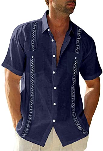Herren Kurzarm Guayabera Leinenhemd Kuba Baumwolle Hemd Sommerhemd Freizeithemden mit Button-Down Kragen Lässig Männer T-Shirt von Beotyshow