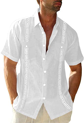 Herren Kurzarm Guayabera Leinenhemd Kuba Baumwolle Hemd Sommerhemd Freizeithemden mit Button-Down Kragen Lässig Männer T-Shirt von Beotyshow