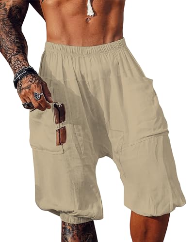 Herren Leinen Shorts 3/4 Länge Hosen mit Taschen Pluderhose Sommer Kurze Strandhose Haremshose Yoga Jogger Loose Fit Freizeithose für Männer von Beotyshow