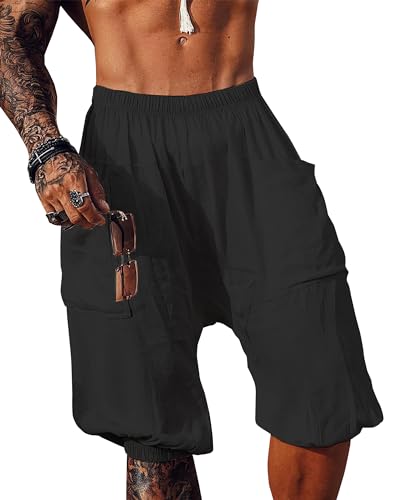 Herren Leinen Shorts 3/4 Länge Hosen mit Taschen Pluderhose Sommer Kurze Strandhose Haremshose Yoga Jogger Loose Fit Freizeithose für Männer von Beotyshow