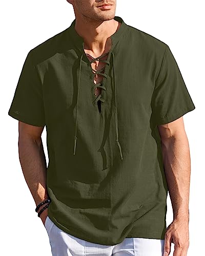 Herren Leinenhemd Kurzarm Schnürhemd Vintage Henley Pirate Shirt Männer Sommer Strandhemd Mitteralterhemd Ghillie Kilt Shirt von Beotyshow