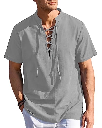 Herren Leinenhemd Kurzarm Schnürhemd Vintage Henley Pirate Shirt Männer Sommer Strandhemd Mitteralterhemd Ghillie Kilt Shirt von Beotyshow