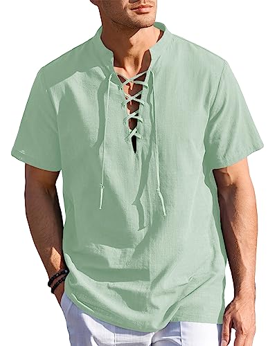 Herren Leinenhemd Kurzarm Schnürhemd Vintage Henley Pirate Shirt Männer Sommer Strandhemd Mitteralterhemd Ghillie Kilt Shirt von Beotyshow