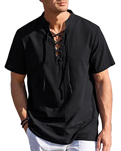 Herren Leinenhemd Kurzarm Schnürhemd Vintage Henley Pirate Shirt Männer Sommer Strandhemd Mitteralterhemd Ghillie Kilt Shirt von Beotyshow