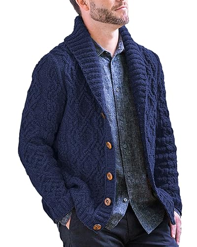 Herren Strickjacke mit Schalkragen Männer Button Down Zopfmuster Sweatjacke Winter Warmer Strickpullover Langarm Cardigan Sweater von Beotyshow