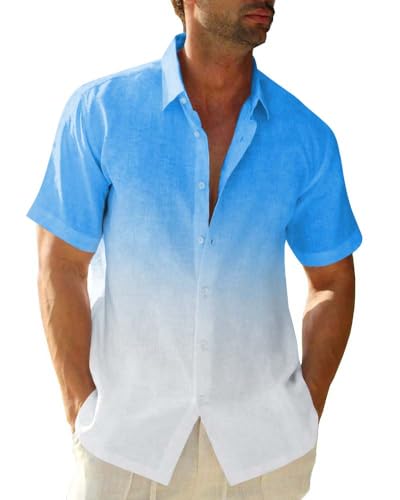 Hemd Herren Gradient Leinenhemden Casual Kurzarm T-Shirts Button Down Strandhemd Sommerhemden Freizeithemd für Männer Urlaub von Beotyshow