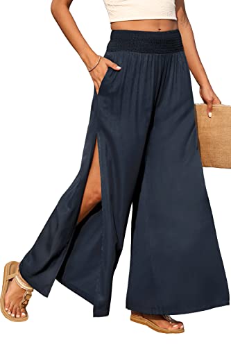 Palazzo Flowy Freizeithose mit Schlitz,Sommerhose Damen Palazzo Hose Mit Schlitz Marlenehose Gerades Bein Seitlich Offen Freizeithose Druck Strandhose Mit Weites Bein Mit Taschen NB,S von Beotyshow