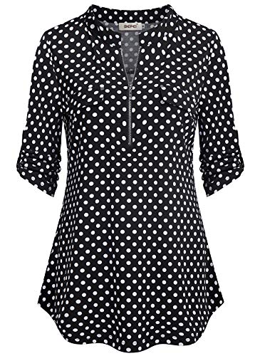 Bepei Damen floral 3/4 hülse Shirts reißverschluss bis v-Ausschnitt Arbeit Chiffon- blusen-top XX-Large Schwarz Weiß Dot von Bepei