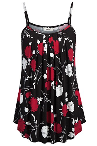 Bepei Frauen locker lässig Sommer Plissee fließend ärmellos Camisole Tank Tops, Schwarz-Rot Blumenmuster, Groß von Bepei