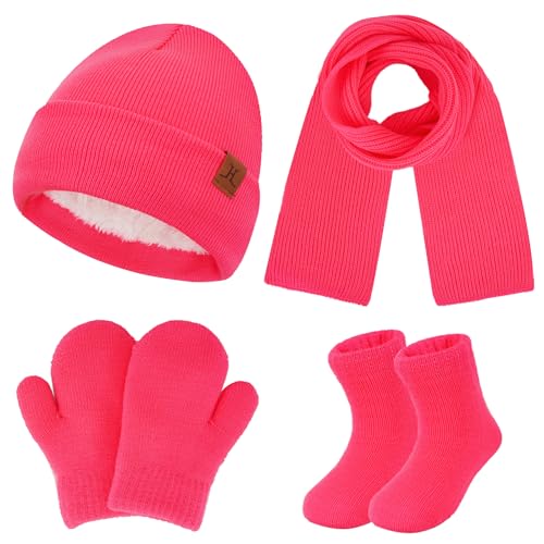 4 Stück Winter Warm Kinder Mütze Handschuhe Schal Socken Set Fleece Gefütterte Beanie Wintermütze Strickmützen für 0 6 12 Monate Baby Kleinkinder 1 2 3 4 Jahre Mädchen Jungen Geschenke, Barbie Rosa von Bequemer Laden
