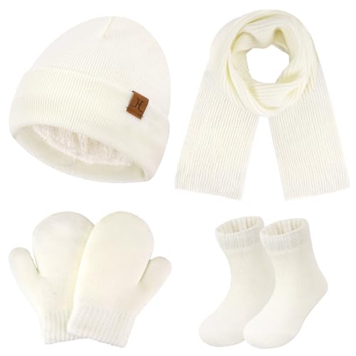 4 Stück Winter Warm Kinder Mütze Handschuhe Schal Socken Set Fleece Gefütterte Beanie Wintermütze Strickmützen für 0 6 12 Monate Baby Kleinkinder 1 2 3 4 Jahre Mädchen Jungen Geschenke, Beige von Bequemer Laden