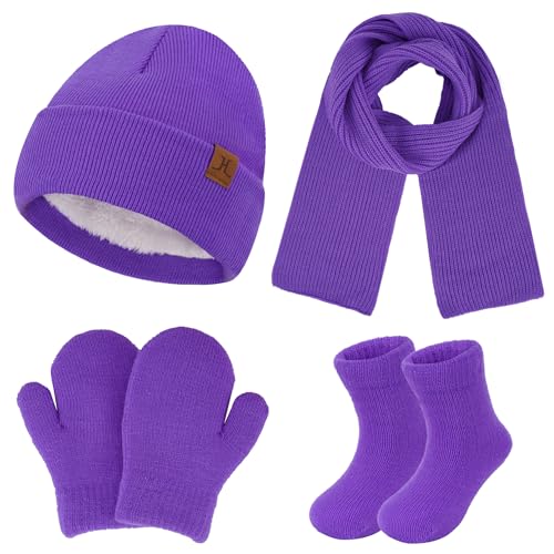 4 Stück Winter Warm Kinder Mütze Handschuhe Schal Socken Set Fleece Gefütterte Beanie Wintermütze Strickmützen für 0 6 12 Monate Baby Kleinkinder 1 2 3 4 Jahre Mädchen Jungen Geschenke, Lila von Bequemer Laden